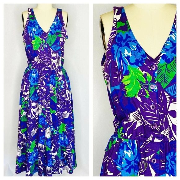 Vintage Dresses & Skirts - Vintage 80s 90s Purple Floral Day Dress Sz S Small Bright Tropical Button Front